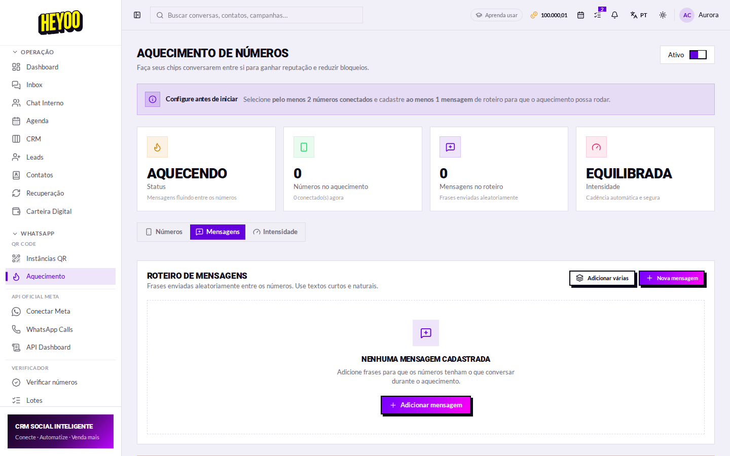 Roteiro de mensagens do aquecimento
