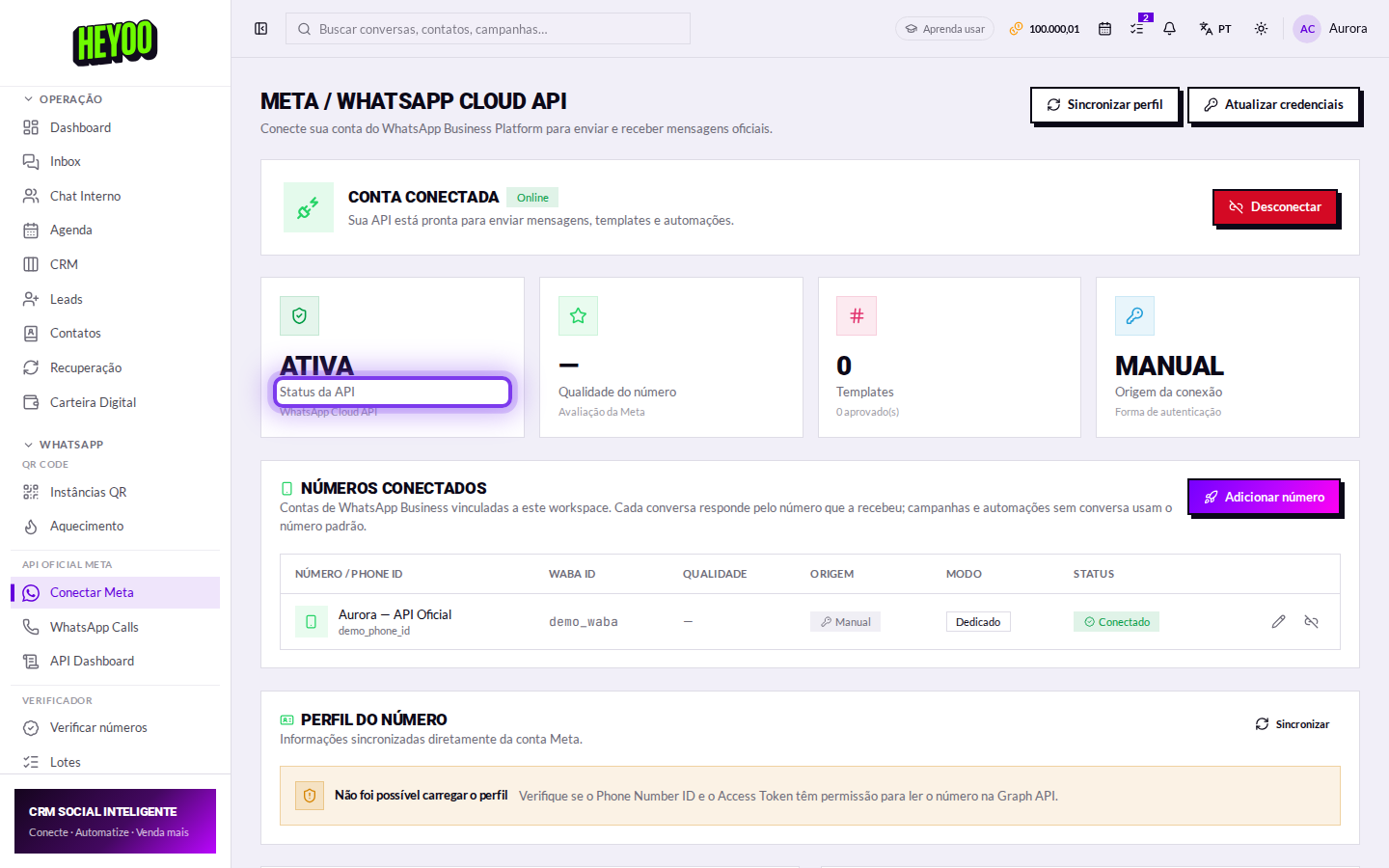 Painel de status da API Oficial